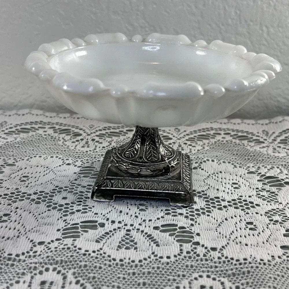 Vintage pedestal dish white glass metal footed soap trinket tray